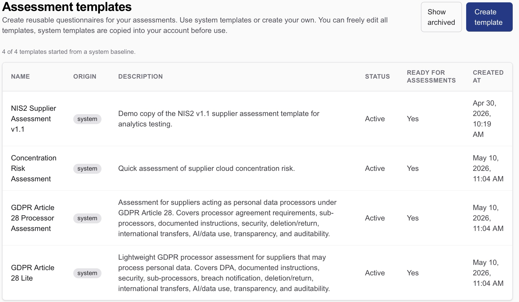 Supplira assessment templates for sending supplier questionnaires